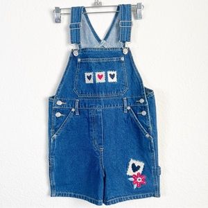 Vintage 90s High Sierra Overall Shorts Denim Girls Sz M (5/6) Embroidery Hearts